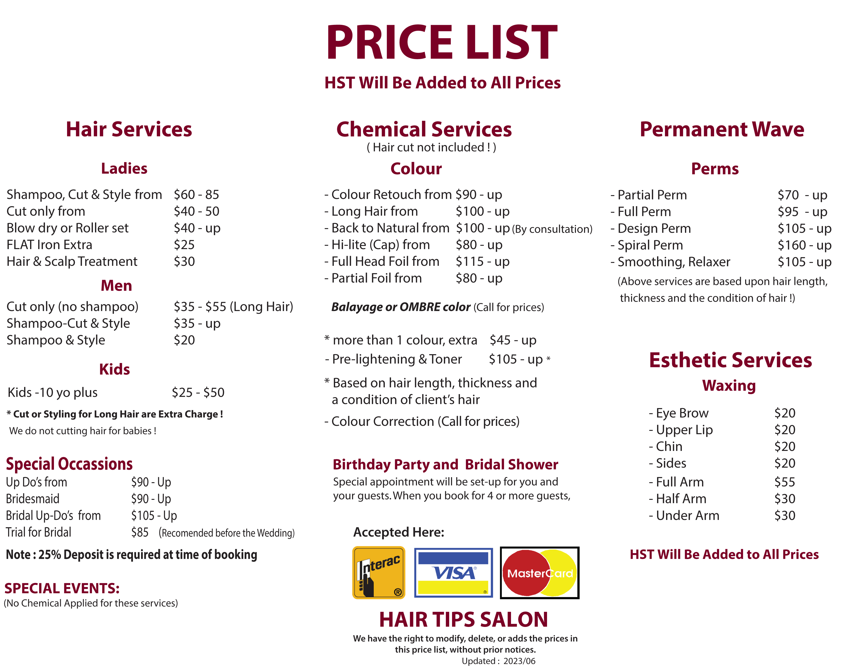 Hair Tips  - Price List